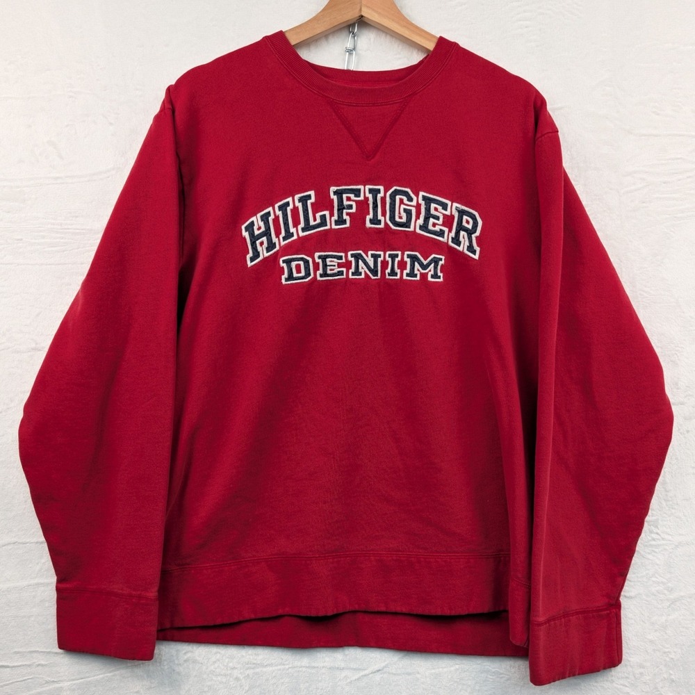 VTG Tommy Hilfiger Sweatshirt Mens Large Red Spellout Collegiate Boxy Preppy 90s